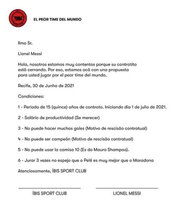 El contrato que el Ibis le "propuso" a Lionel Messi.