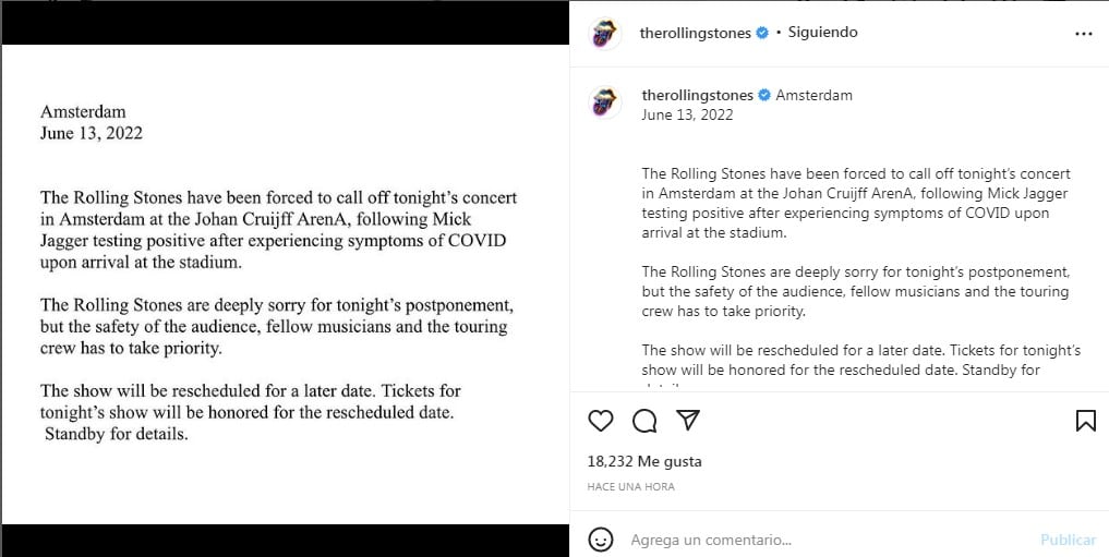 El comunicado en el que los Stones anuncian la cancelación de su show de Ámsterdam. (Captura)
