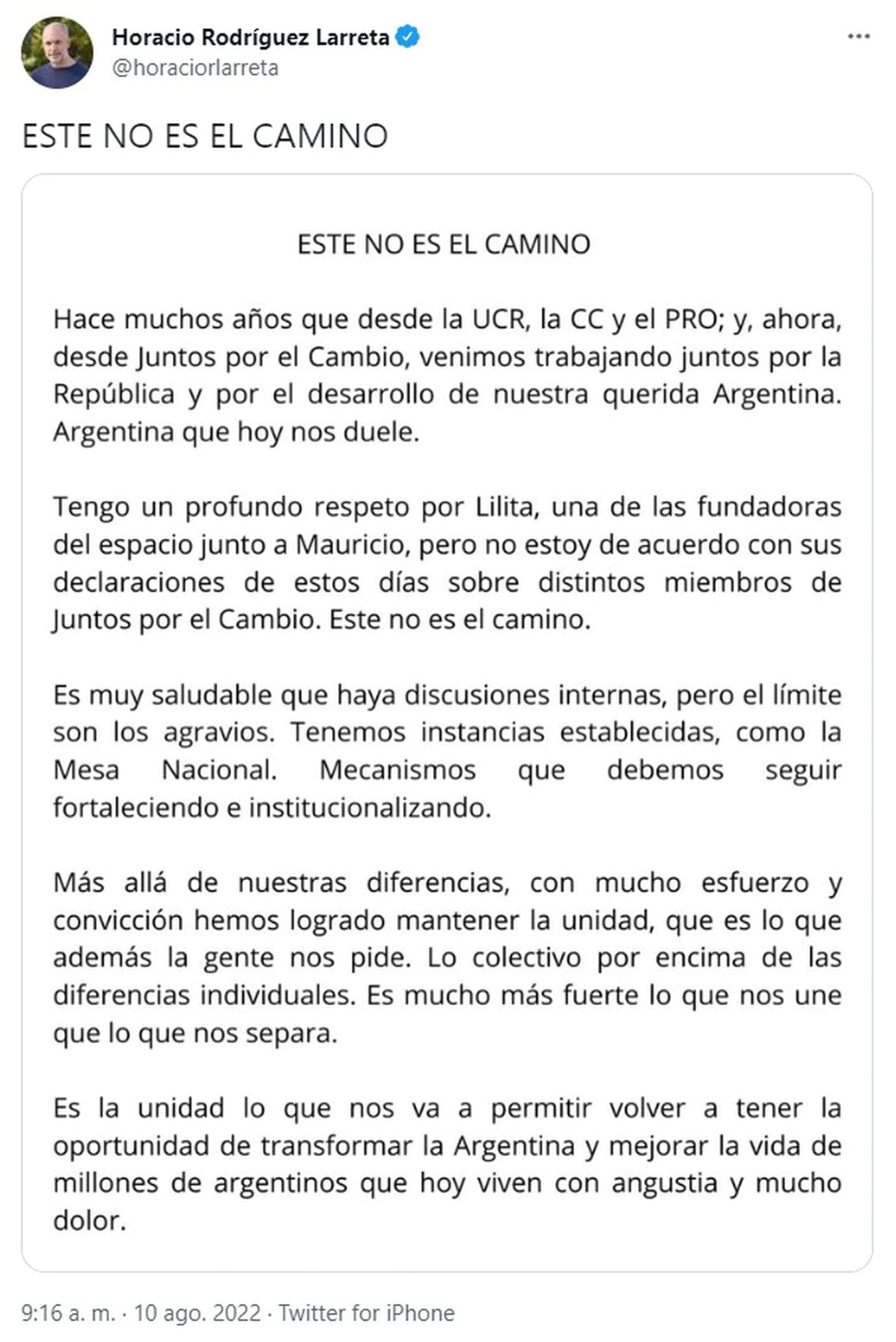 La carta de Horacio Rodríguez Larreta sobre la interna en Juntos por el Cambio.