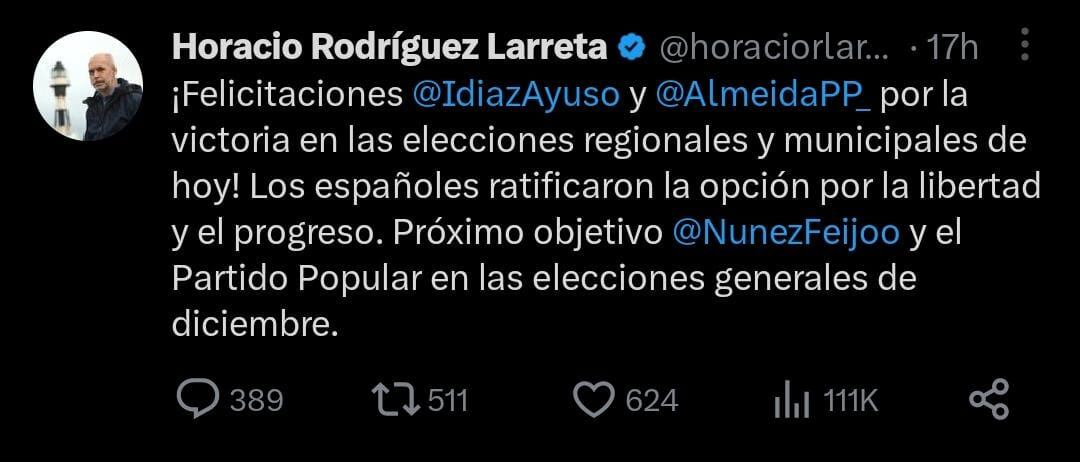 Patricia Bullrich y Horacio Rodríguez Larreta celebraron el triunfo de la derecha en las elecciones regionales de España