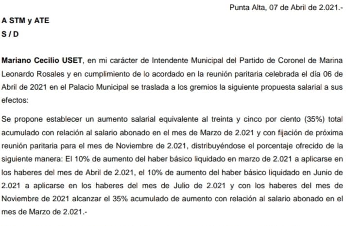 Fragmento que detalla la propuesta del Departamento Ejecutivo para trabajadores municipales