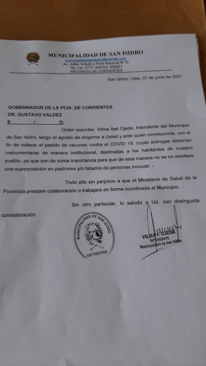 La nota oficial por la que Vilma Ojeda reclamó por el envío de dosis anticovid a su comuna. Fue el pasado 1 de junio.