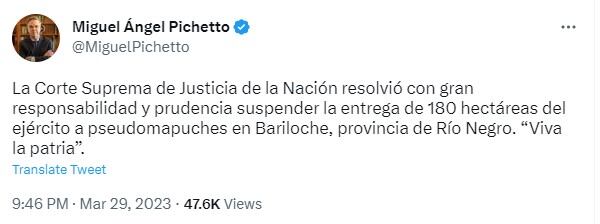 Miguel Pichetto celebró la suspensión de la entrega de las tierras del Ejército a la comunidad mapuche.