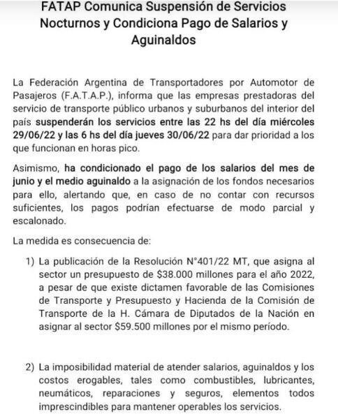 Comunicado de la FATAP.