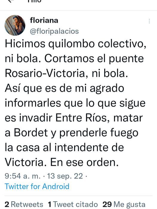 Amenazaron a Bordet vía Twitter.