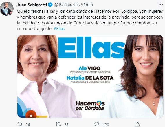 El gobernador Juan Schiaretti saludó la candidatura de su esposa Alejandra Vigo, y de Natalia de la Sota.