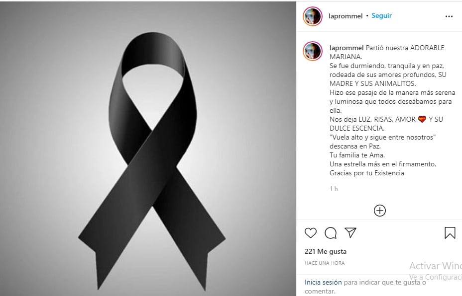 El mensaje que publicaron a través de las redes de Mariana Prommel (Foto: Instagram)