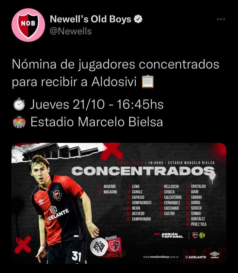 Los concentrados de Newell's para enfrentar a Aldosivi. (@Newell's)