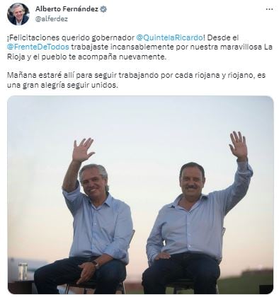 Alberto Fernández saludó a Ricardo Quintela y festejó su reelección.