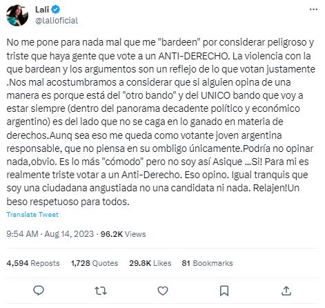 El nuevo descargo de Lali Espósito.