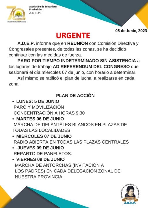 El plan de lucha de la ADEP para la semana en curso, definido este lunes en asamblea tras la movilización.