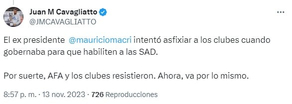 Juan Manuel Cavagliatto metió en la pelea por las SAD a Mauricio Macri.