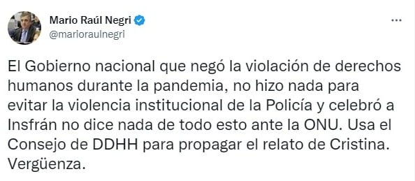 El mensaje de Mario Negri en su cuenta de Twitter.