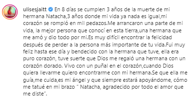 El posteo de Ulises Jaitt a casi tres años de la muerte de Natacha.