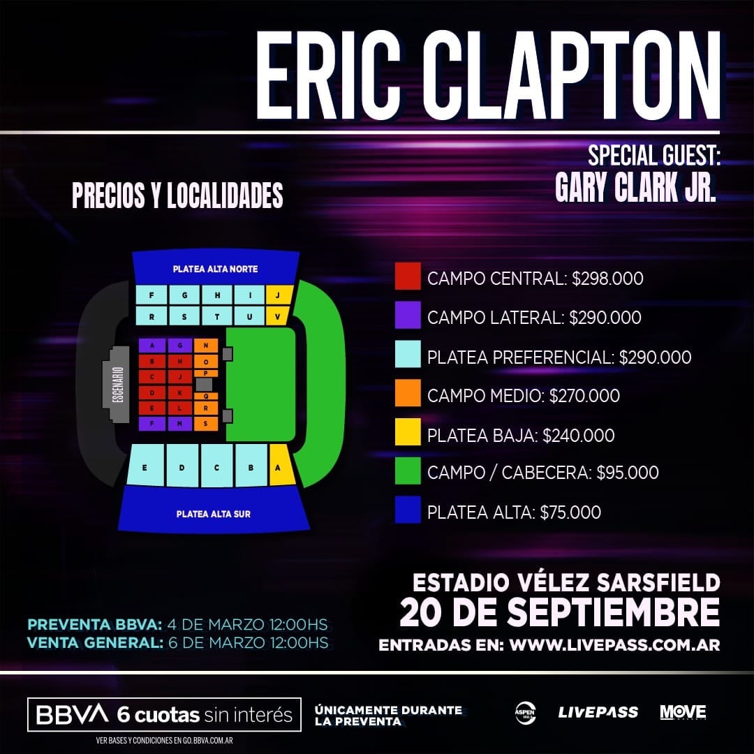 Eric Clapton llega a la Argentina y se presentará en el Estadio Vélez: precios de entradas