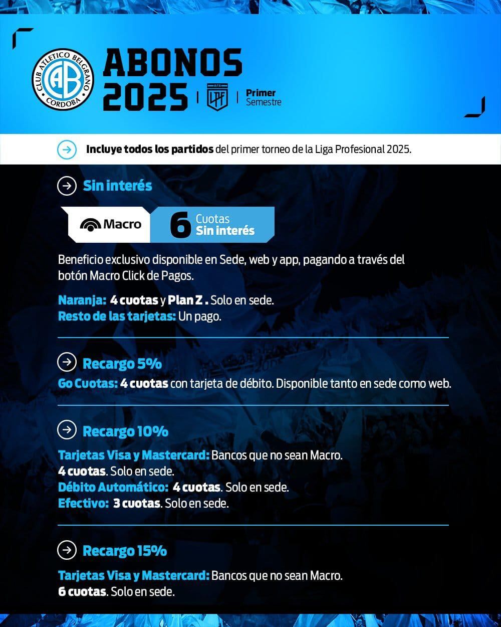 Formas de pago para conseguir los abonos de Belgrano para el torneo Apertura 2025.