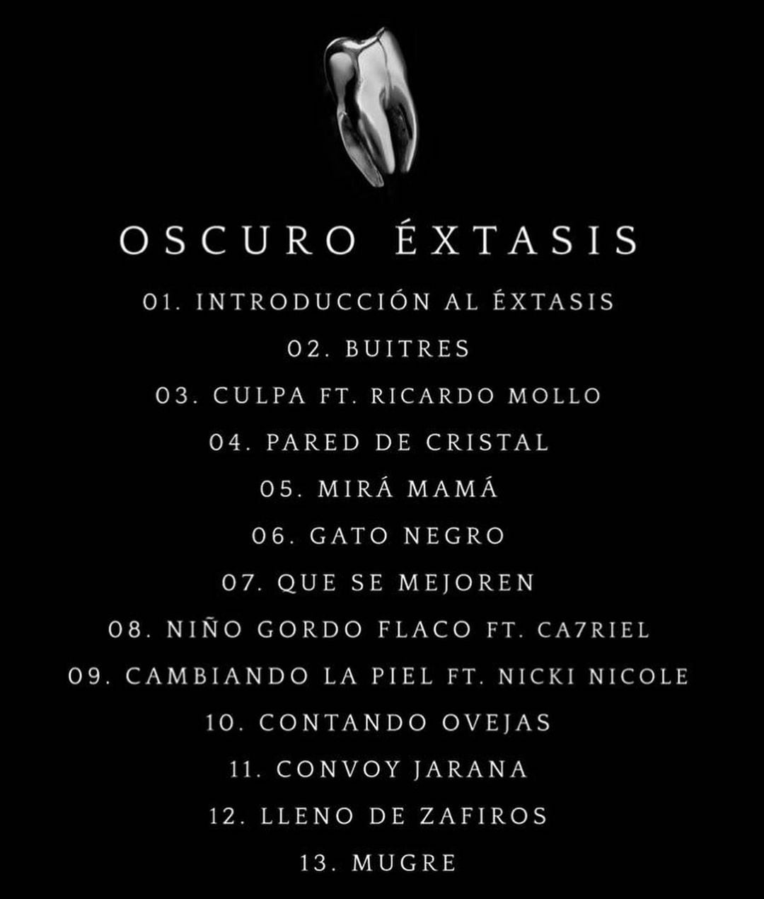 Tracklist de "Oscuro éxtasis".