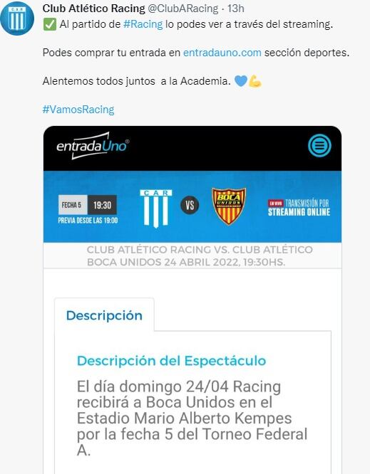 Racing juega en el Kempes, y se verá por el streaming.