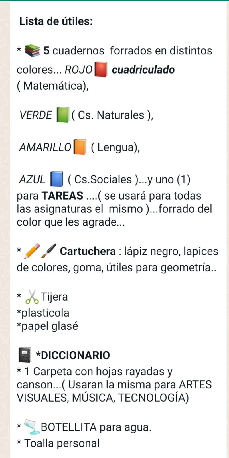 Lista escolar primario. Es una lista con un pedido normal de comienzo de año.