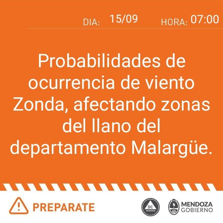 Alerta naranja por Zonda en Malargüe.