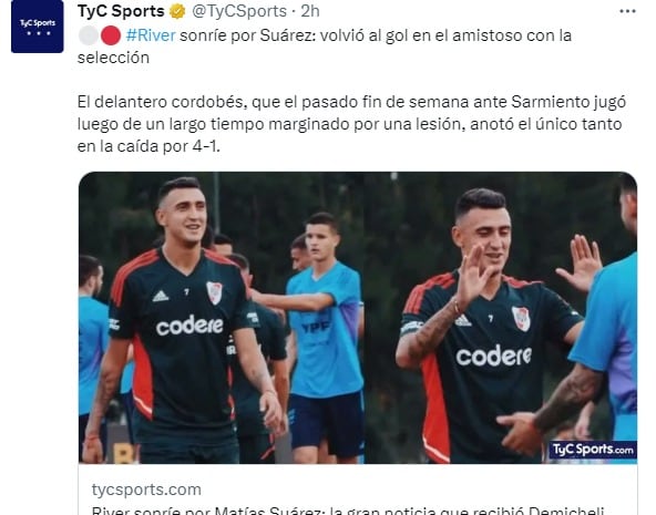 Matías Suárez anotó un gol para River ante la Selección. Y se saludó con Cuti Romero, otro ex Belgrano.