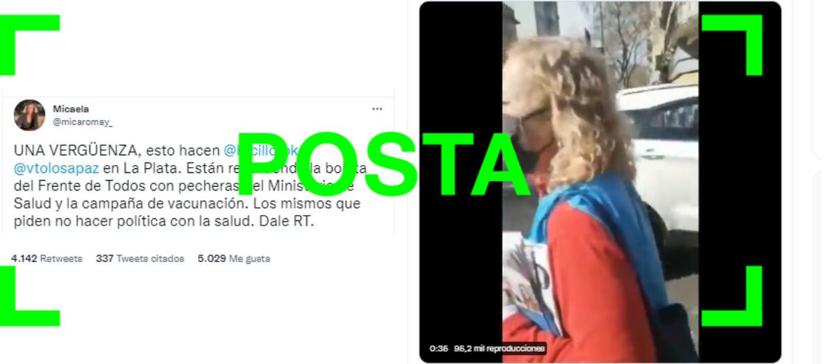 Es verdadero que una mujer repartió boletas del Frente de Todos con una pechera del Ministerio de Salud bonaerense