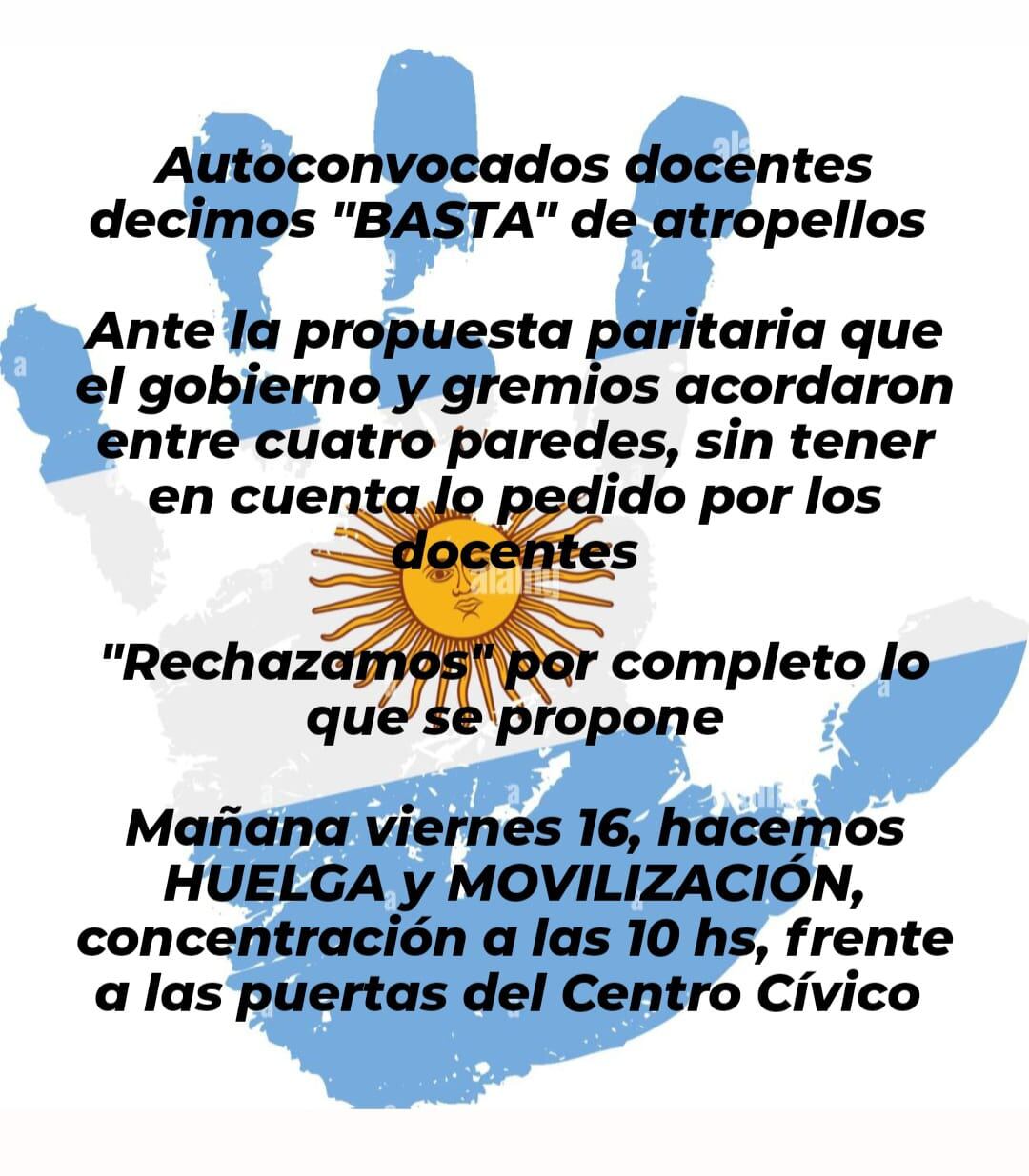 Un grupo de docentes autoconvocados marcharán este viernes en el Centro Cívico de San Juan.