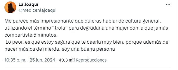 La Joaqui se cansó y le respondió a un hater de X