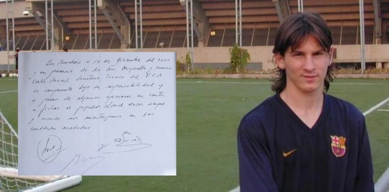 Primer contrato de Messi con el Barcelona en una servilleta.