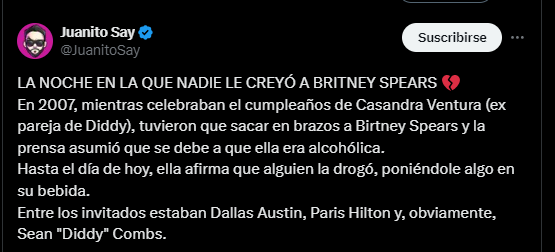 El tuit que revela lo que le habría pasado a Britney Spears en una fiesta de Diddy Combs