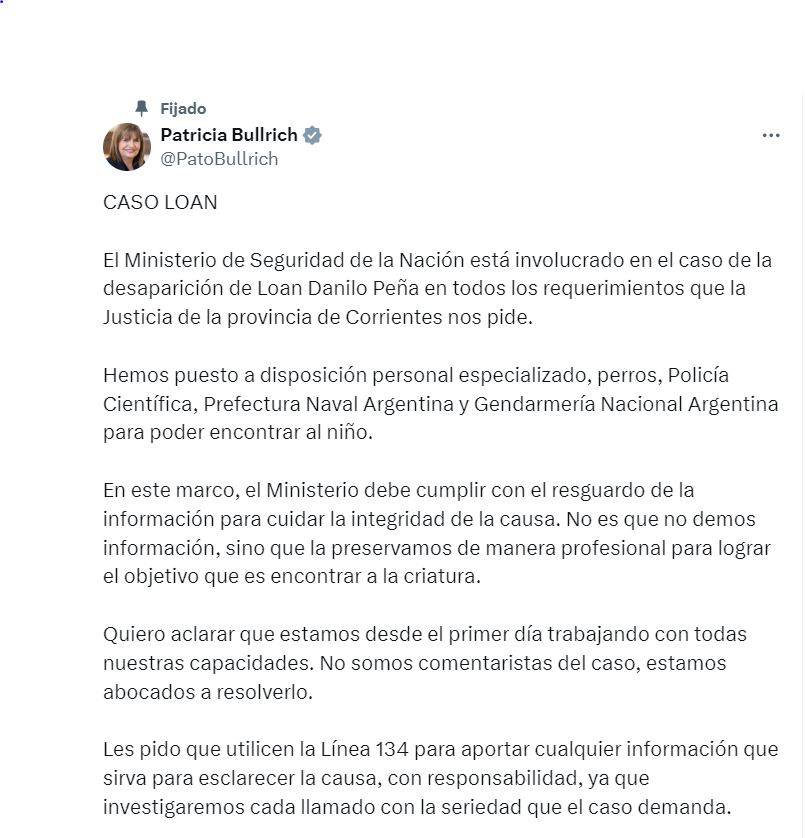 Patricia Bullrich habló sobre la búsqueda de Loan: “Estamos preservando la información”