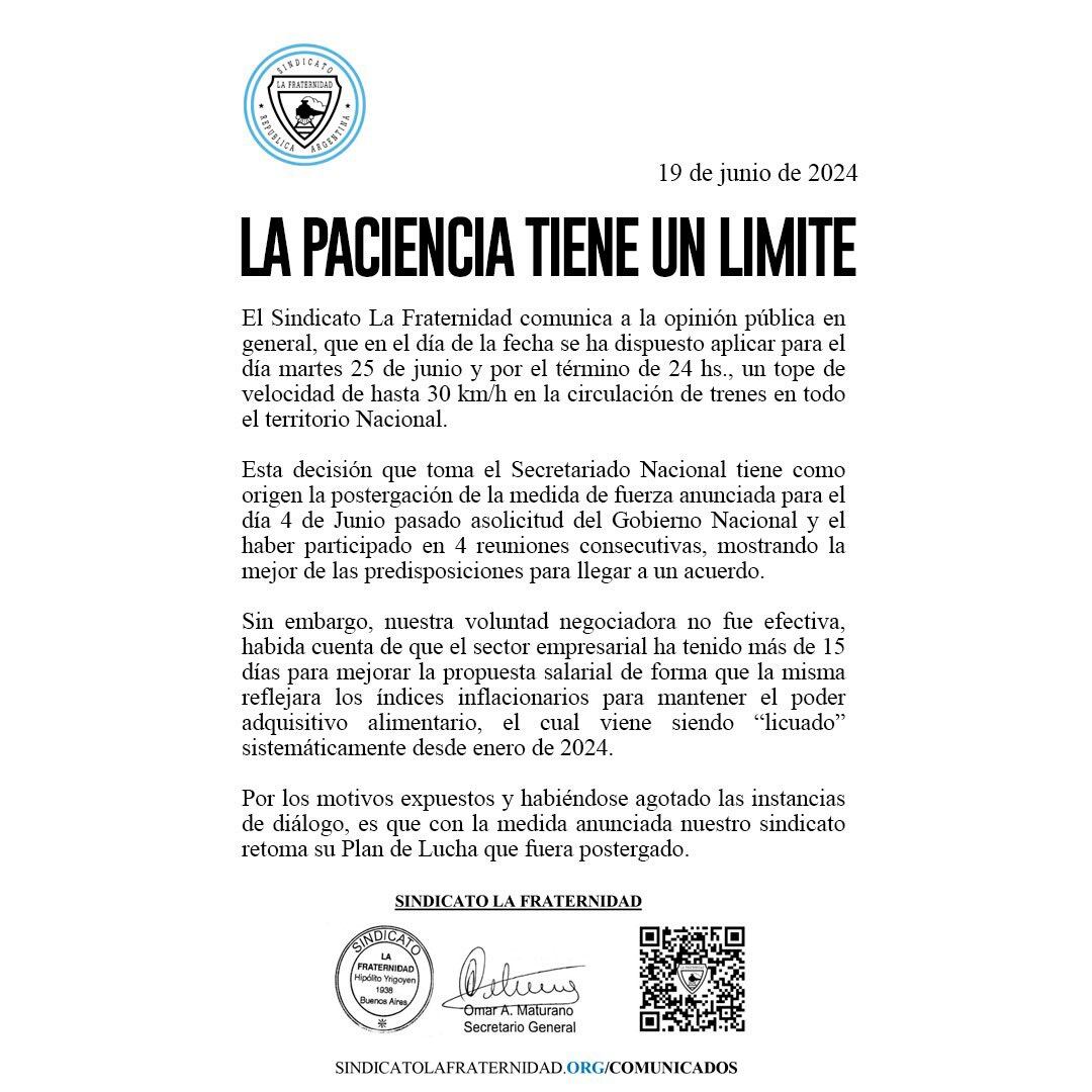 La Fraternidad anunció una medida de fuerza de 24 horas en los servicios de trenes.