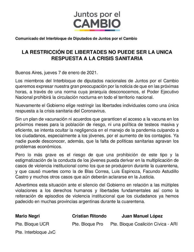 Comunicado de Juntos por el Cambio ante las restricciones