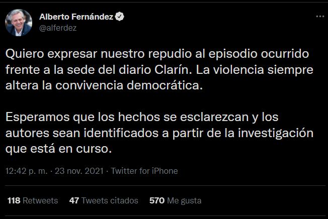 Alberto Fernández condenó el ataque con bombas molotov en la puerta de la sede del diario Clarín