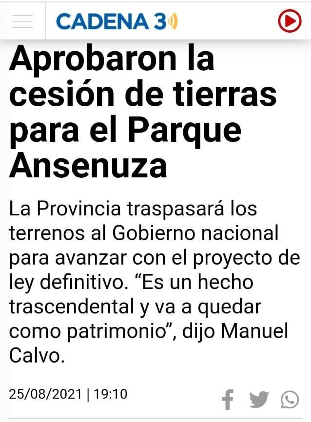 "Aprobaron la cesión de tierras para el Parque Ansenuza". Cadena 3.