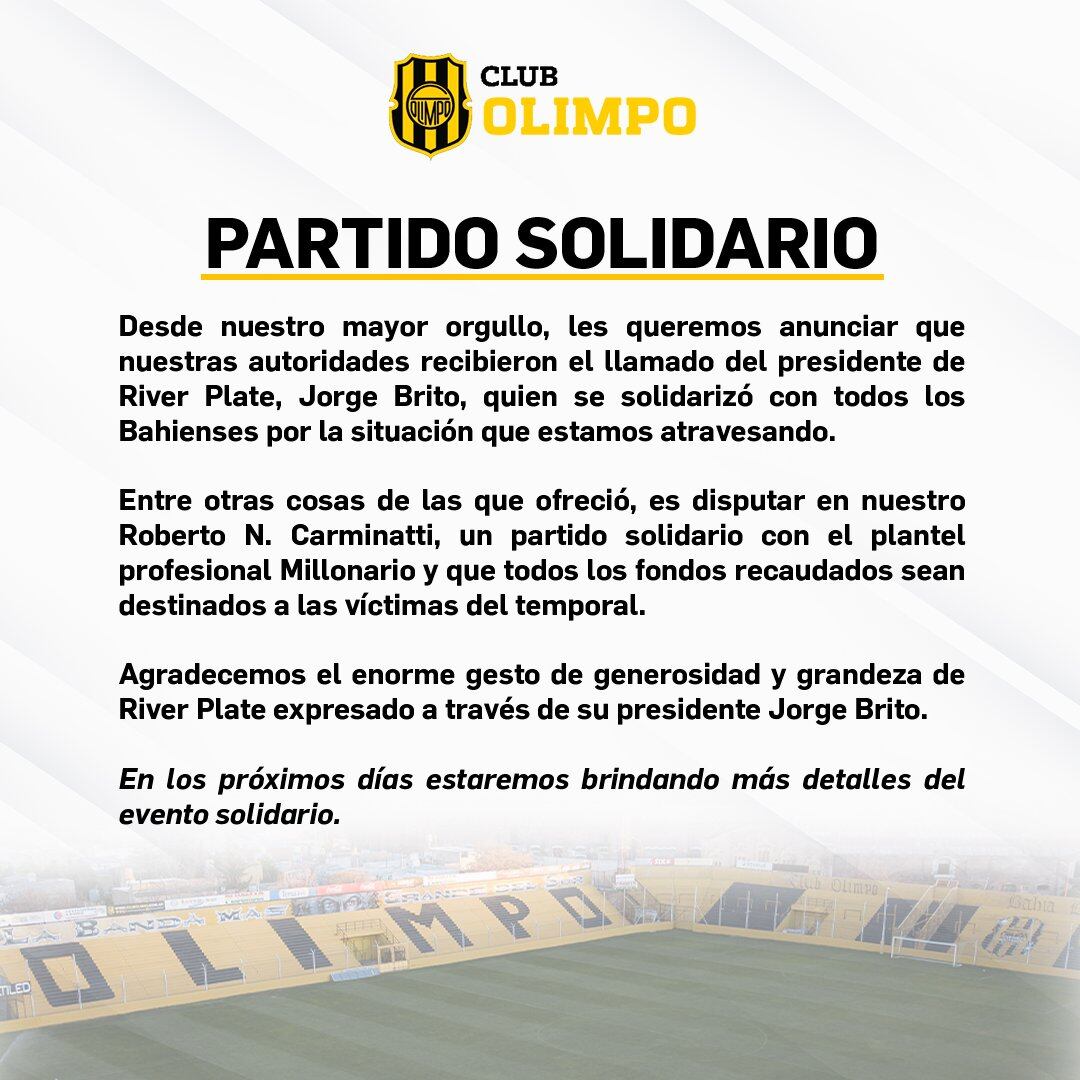 El comunicado de Olimpo sobre el partido con River