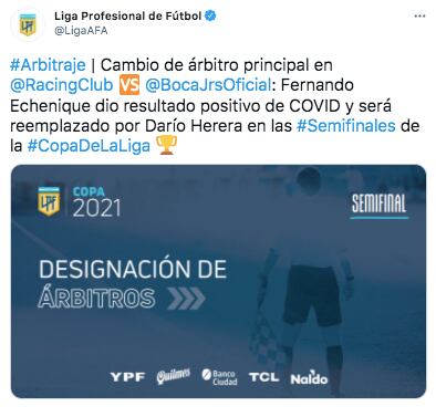 Darío Herrera será el árbitro de la semifinal de la Copa de la Liga Profesional entre Boca y Racing.