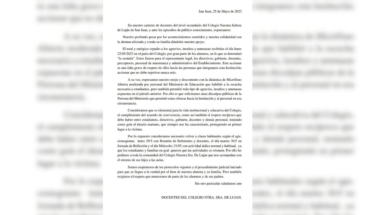 La carta de las autoridades del Colegio Luján de San Juan.