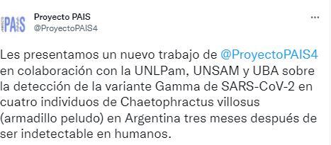 Proyecto PAIS publicó en Twitter el trabajo de detección de la variante Gamma, en cuatro peludos pampeanos.