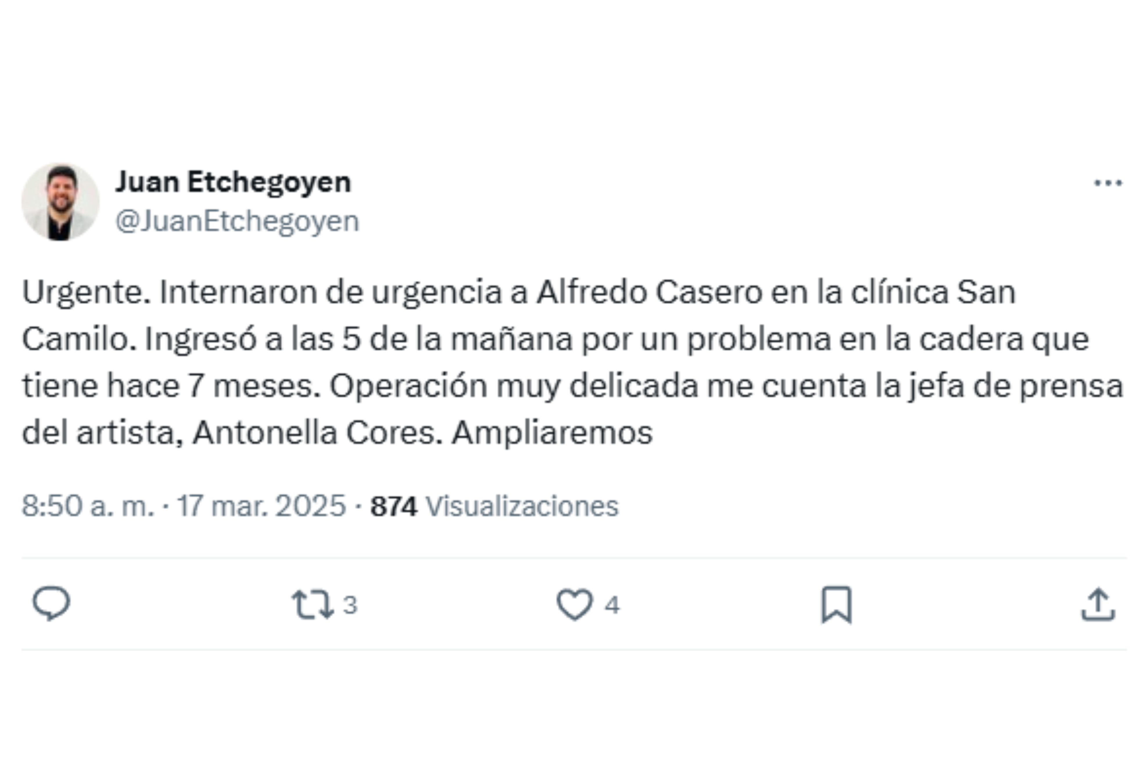 La noticia fue compartida por Juan Etchegoyen.