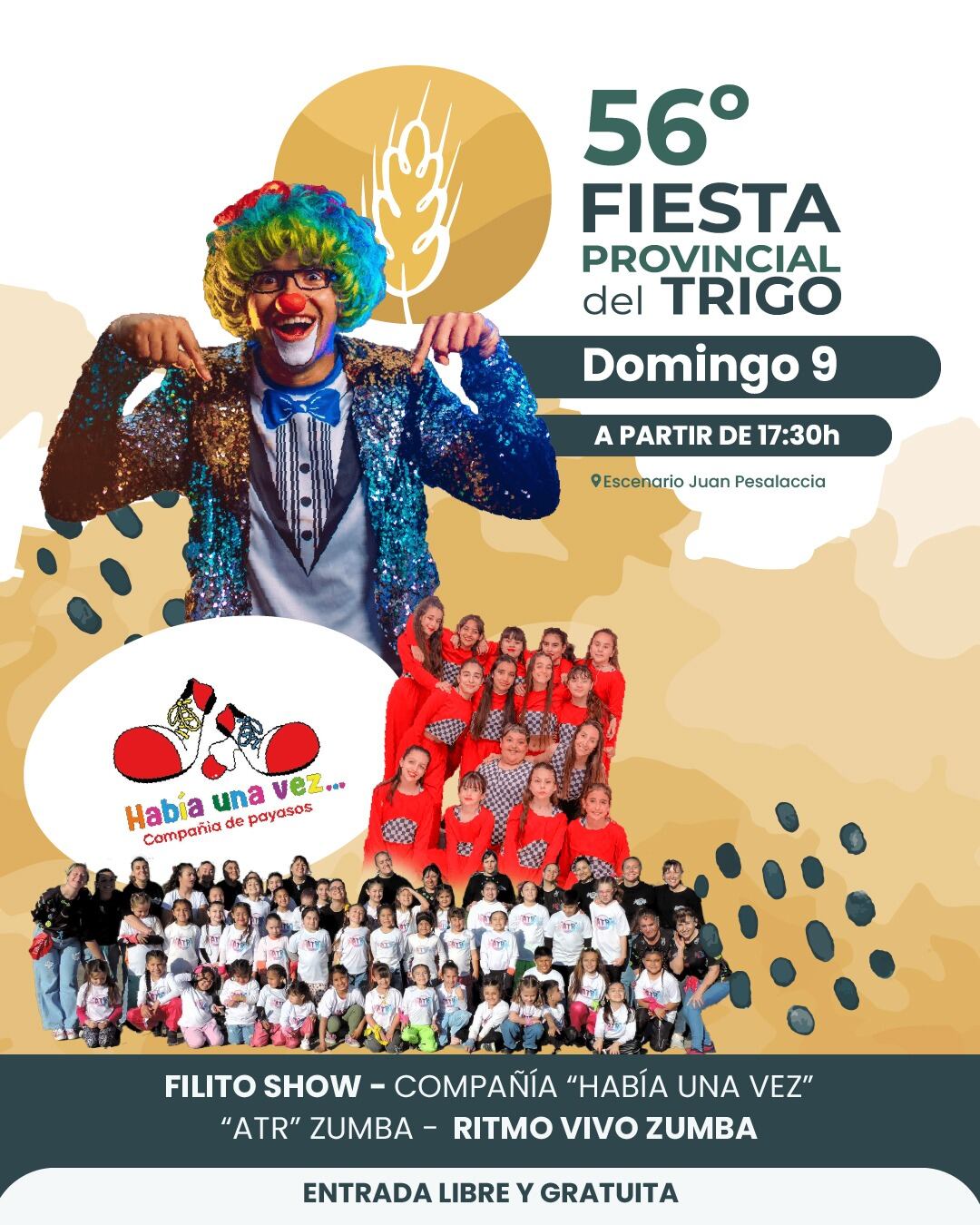 El Payaso Filito se suma a los espectáculos de la Fiesta Provincial del Trigo