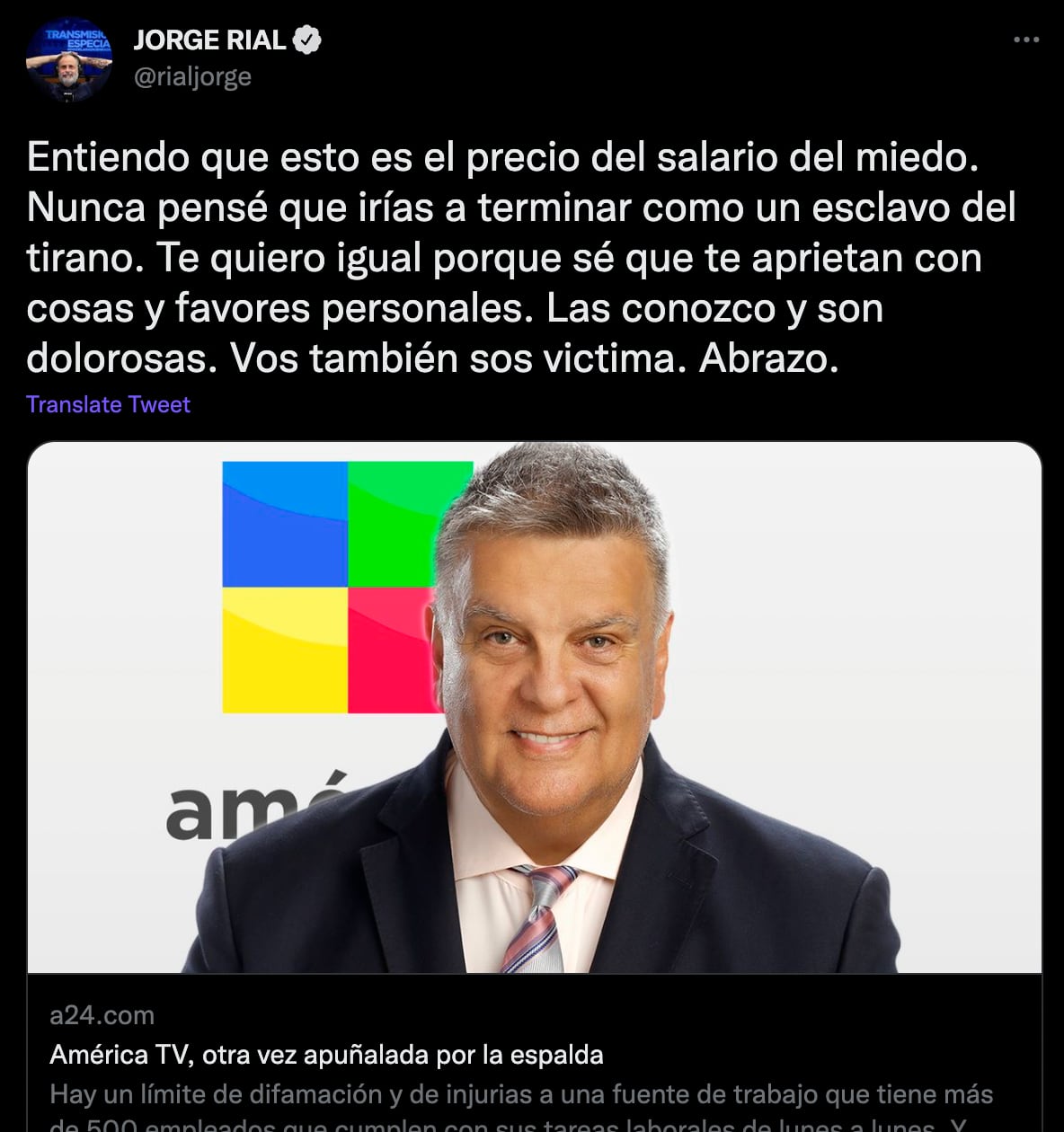 El tuit de Jorge Rial señalando a Ventura como un "esclavo" de Daniel Vila.