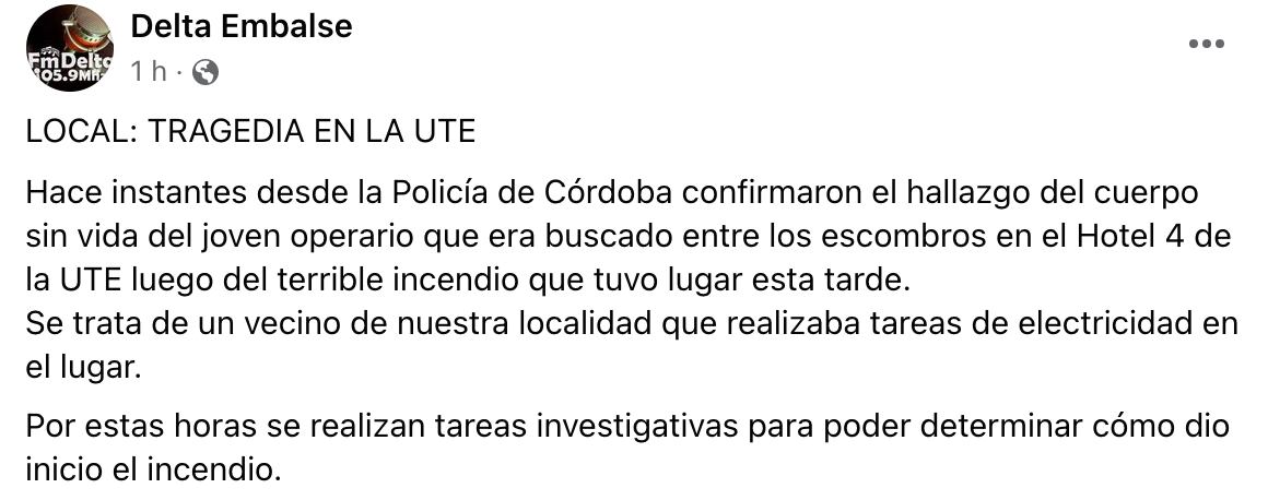 Desde Delta Embalse confirmaron que la Policía encontró el cuerpo sin vida de un joven.