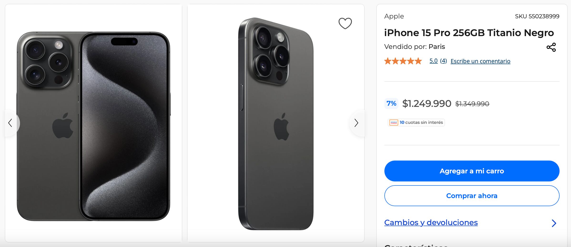 Precio del iPhone 15 Pro de 255GB en Chile.