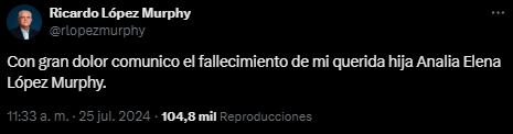 El tweet que publicó el diputado nacional Ricardo López Murphy.