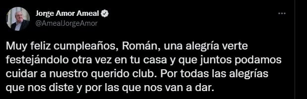 El saludo de Jorge Ameal a Riquelme por su cumpleaños.