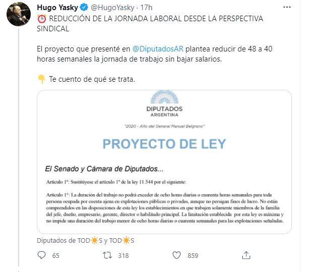 Tweet de Hugo Yaski, diputado del Frente de Todos