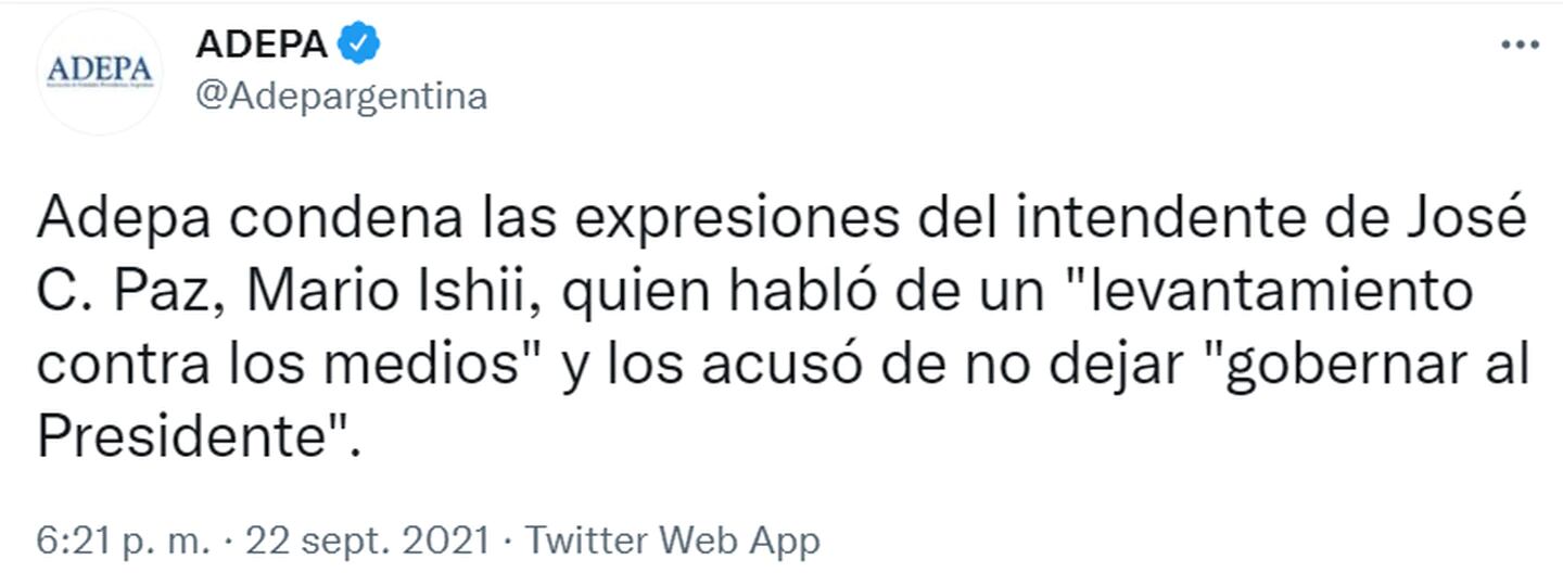 El tuit de Adepa condenando las declaraciones de Mario Ishii.