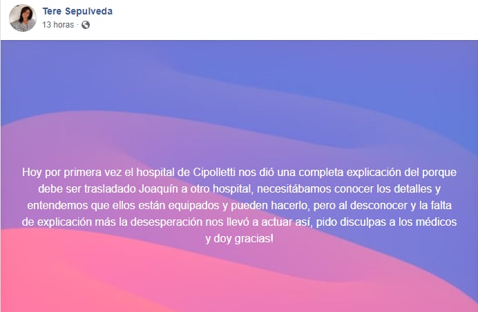 La tía de Joaquín Meschini se disculpó con el hospital que no autorizó el vuelo sanitario del joven.