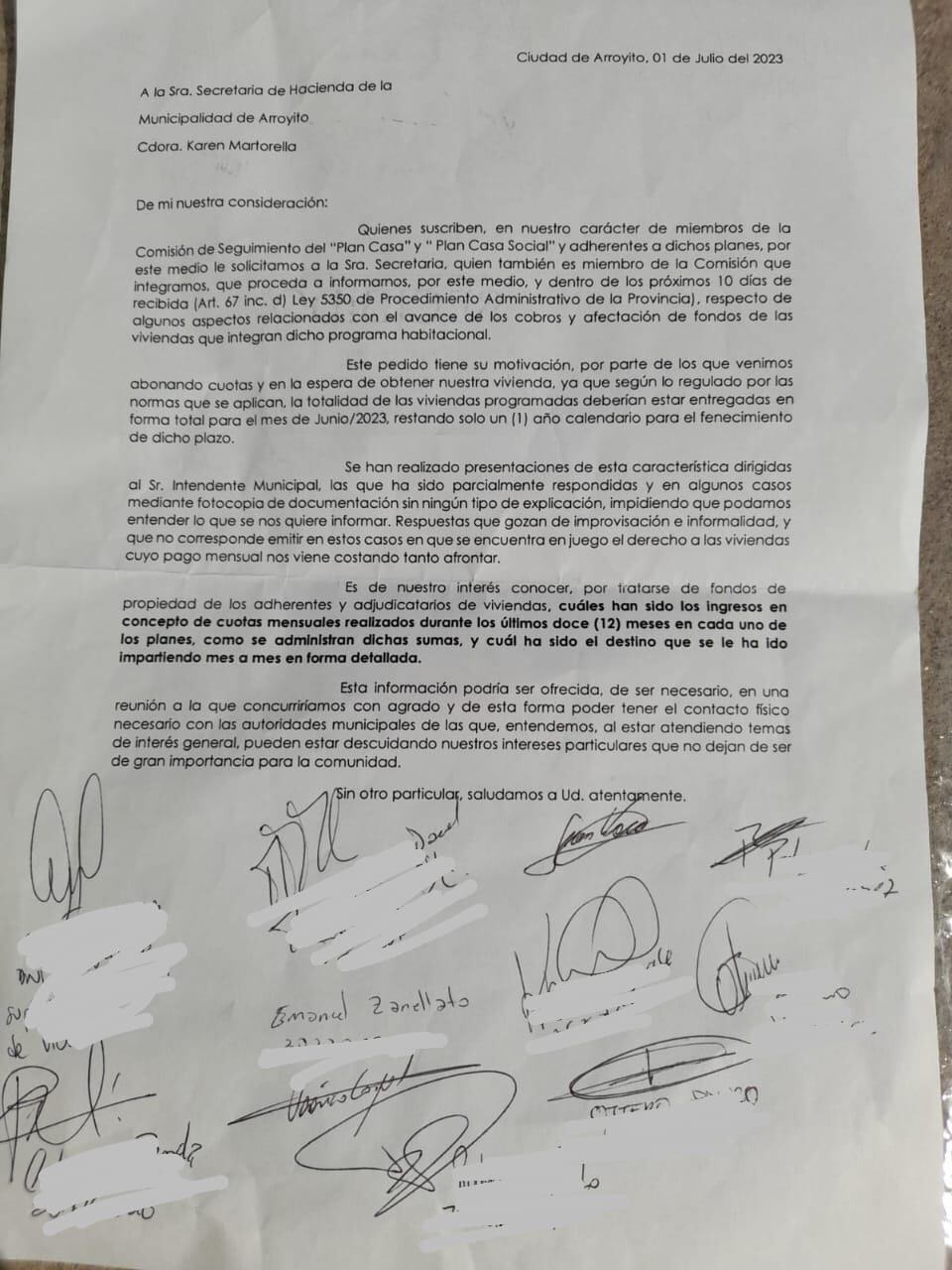 Carta enviada por Integrantes de Comision de viviendas Arroyito a Martorella